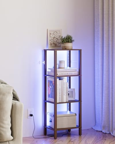 Open Book Shelf with LED Lights, 4 Tier Small Bookshelf, Freestanding Shelf Narrow Bookcase with Open Shelves, 14.96" x 