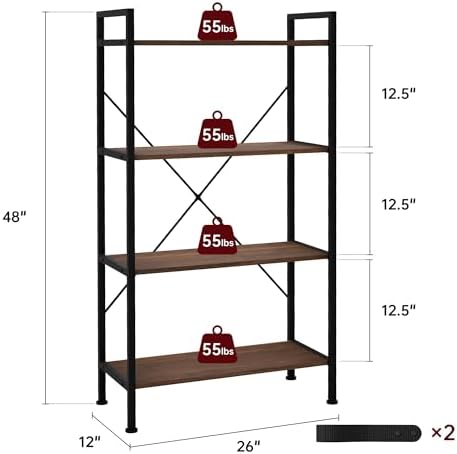 Bookshelf, 4 Tier Industrial Bookcase Storage Organizer,Walnut