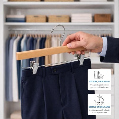ZOBER Wooden Pants Hangers with Clips, Clothes Hangers, Natural, 10 Pack