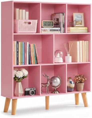 YAHARBO 8 Cube Bookshelf,3 Tier Bookcase with Legs,Light Pink Mid-Century Modern Bookshelves,Large Free Standing Open St