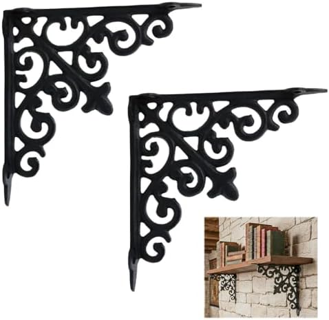Mystic Colonial Medieval Cast Iron Victorian Scrollwork Shelf Brackets | 7-inch Heavy-Duty Wall Mount Supports with Blac