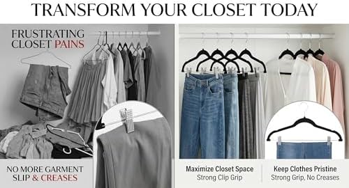 Velvet Pants Skirt Hangers with Clips - Pack of 20 Black Shirt Clothes Felt Non Slip Heavy Duty Slim Hanger Set for Skirts Pant Suit Shorts Women Dress,Space Saving with Two Metal Clip