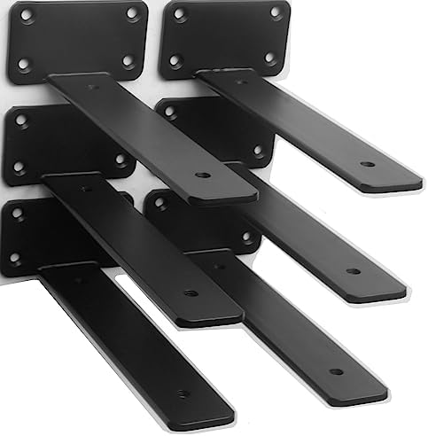6 Pack - 6 inch Black Hidden L Shelf Bracket (1/5 Inch Thicked) Iron Floating Shelf Brackets Rustic Industrial Metal Bra