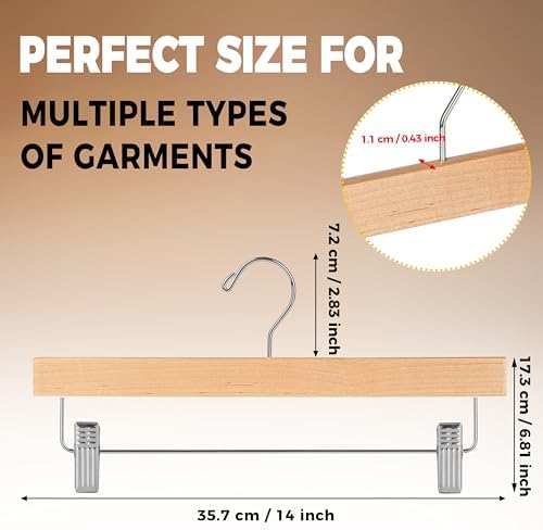 Quality Hangers Wooden Pants Hangers - 10-Pack Swivel Hook Cloth Hanger Set - Lotus Wood Skirt, Pant, Shorts and Slack Hangers with Adjustable Clip - Natural Clothing Hanger Set in 6 Modern Colors