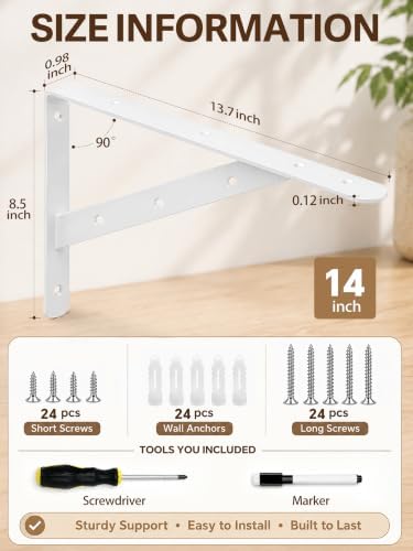 Shelf Brackets Heavy Duty, 8 Pack White 14 inch Floating Shelf Bracket, Max Load 300 lbs of Metal Triangle Decorative Sh