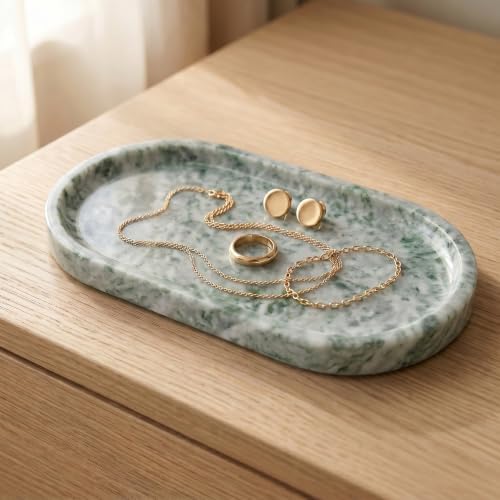YKAJO Cloud Jade Oval Marble Tray, 9.8x4.7 Vanity Perfume Organizer Dish