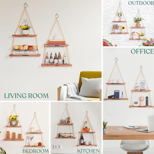 Hanging Shelves for Wall, Living Room, Bedroom - Boho Room Decor Aesthetic - Hanging Plant Shelf Decor - Floating Shelve