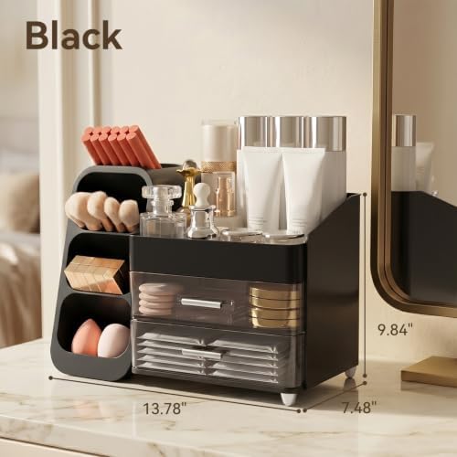 Makeup Organizer for Vanity with Brush Holder and 2 Drawers, Black