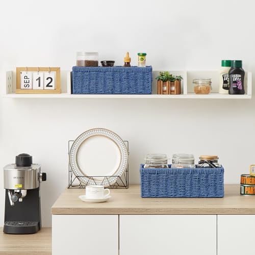 Vagusicc Wicker Storage Basket, Paper Rope Wicker Baskets with Handles, Toilet Paper Basket for Toilet Tank Top, Small Wicke Baskets for Organizing Shelves, 2-Pack, Blue