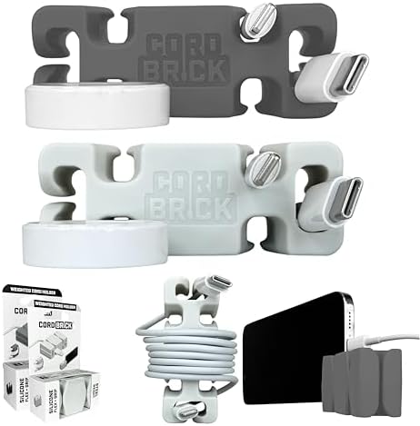 CordBrick 2PK Silicone + Steel Weighted Cord Holders for Nighstand, Cable Wraps for Travel, iPhone Accessories, Small Gr