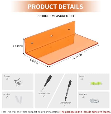 Sezanrpt 12 Inches Small Orange Wall Shelves Set of 2, Acrylic Floating Shelf for Bedroom, Living Room, Funko Pop Shelves, Smart Speaker, 2 Pack