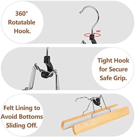 AMKUFO 20 Pack Natural Wooden Pants Hangers with Clips Non Slip Skirt Hangers Trouser Clamp Hanger Solid Wood Hanger with 360° Swivel Hook