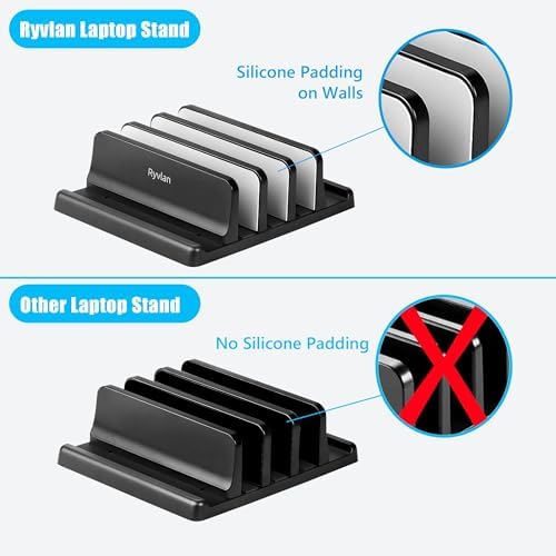 Ryvlan Vertical Laptop Stand, 3 Slot Adjustable Laptop Storage Rack and Desk Organizer, Silicone-Padded Holder for Multi