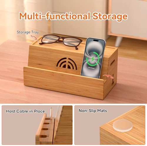 Bamboo Cable Management Box, Natural Color, 31X14X15.5CM