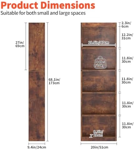 5 Tier Bookshelf,Open Storage Book Shelf,68 Inch Bookcase