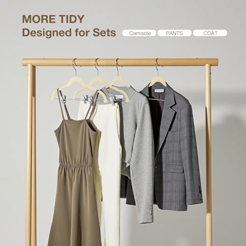 Korpai 24-Pack Beige Velvet Hangers with Clips Adjustable,Adult Hangers,Outfit Hangers,Heavy-Duty,Non-Slip,Space Saving, Felt Hanger for Pants, Skirts, Suits,Coats, Dresses ect.