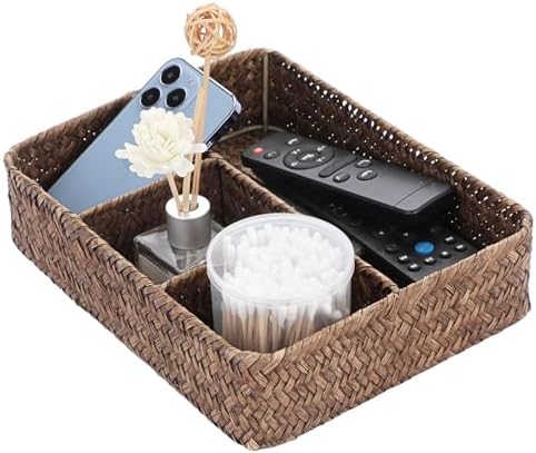 BTSKY Desk Drawer Organizer Tray, Coffee Station Organizer Tea Bag Organizer, Woven Seagrass Storage Basket with 4 Divided Sections Handwoven Wicker Basket for Shelves, Pantry, Coffee Bar (Coffee)
