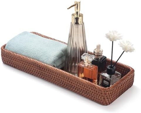 Rattan Bathroom Vanity Trays Toilet Tank Baskets Long Narrow Hand Towel Storage Basket for Storage, Decorative (Honey Br