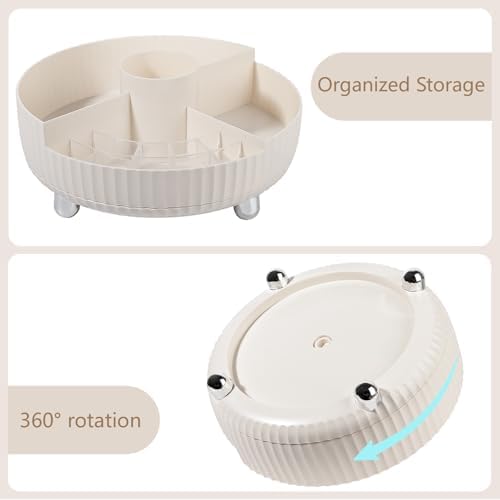 360 Rotating Makeup Perfume Organizer Skincare with Divider, Large Beige