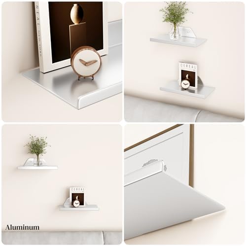 Floating Shelves for Wall, Off Center Metal Shelves for Living Room, Silver Floating Shelves for Wall Decor, 8” Hanging 