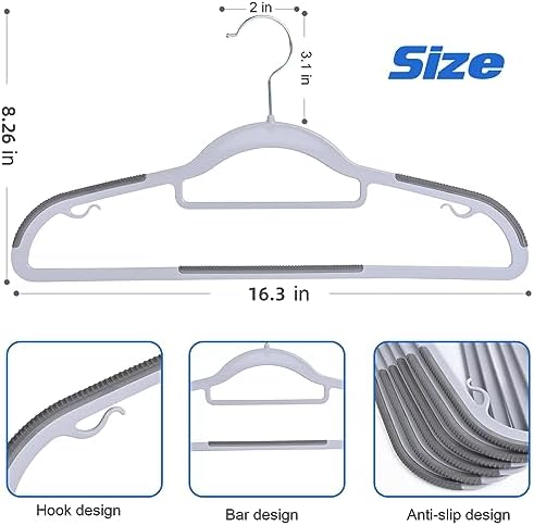 Heavy Duty Standard Plastic Hangers 50 Pack with Non-Slip Design,360°Swivel Hook Space Saving Organizer for Bedroom Closet,Shirts,Pants,Strong Enough for Coat(Grey)
