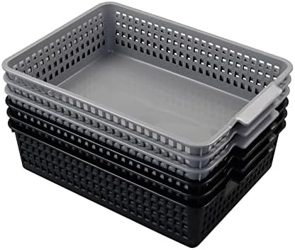 6 Pack Plastic Flat Storage Basket (3 Black + 3 Gray)