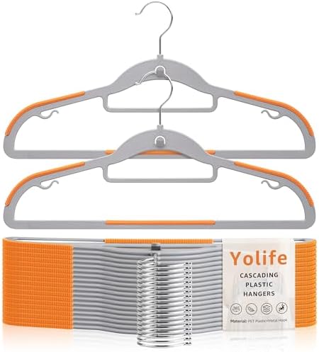 Yolife Cascading Plastic Clothes Hangers 20 Pack with Inner Hook for Vertical Storage, Slim Space Saving Hangers with Non-Slip Pads, 360° Swivel Metal Hook, Versatile, Gray & Orange