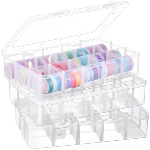 Leinuosen 3 Pack Clear Washi Tape Organizer Storage 15 Grids Plastic Organizer Box Adjustable Dividers for Jewelry, Wash