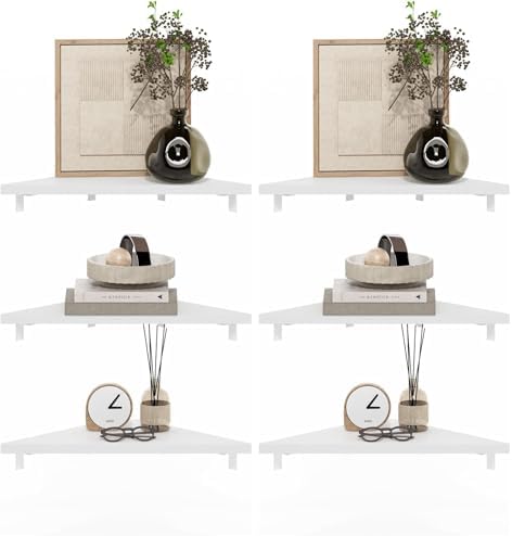 Furinno Rossi Triangle Corner Floating Shelves, Wall Mount Display Shelf, White, Set of 3 (Pack of 2)