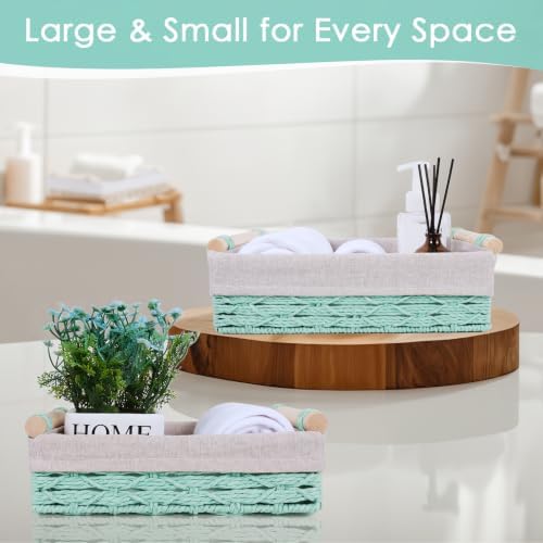 Wicker Storage Basket with Wooden Handle – Paper Rope Decorative Toilet Paper Baskets & Bathroom Organizer for Toilet Ta