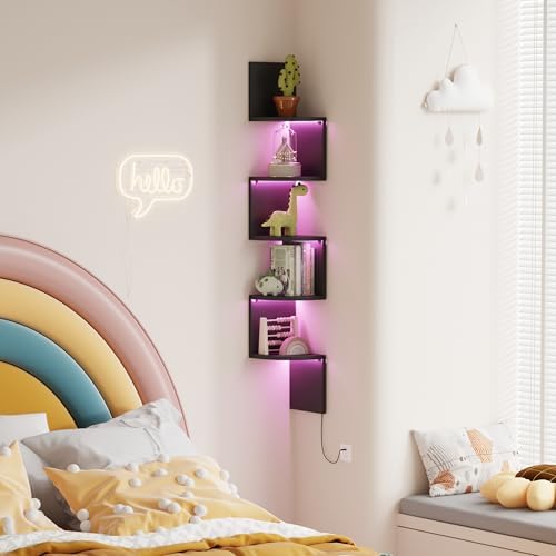 Qupui 5-Tier Corner Shelf with LED, 49" Floating Wall Shelf, Black