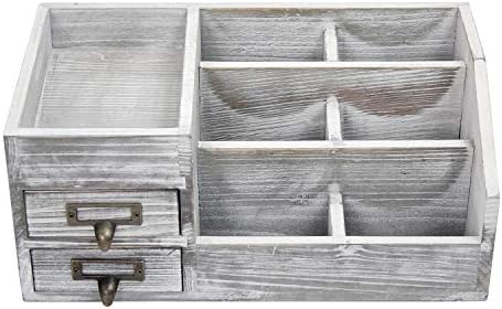Distressed Rustic Wooden Office Desktop Organizer Wood Shelf Tabletop Home Organizer Storage with Multiple Compartments 2 Tier Drawers,perfect Jewelry storage Display Box for Desk, Vanity (gray)