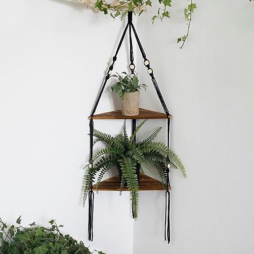 Artilady Corner Shelf Macrame Wall Hanging Balck, Boho Wood Storage Decor