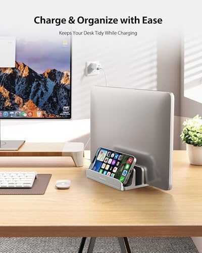 AboveTEK Vertical Laptop Stand, 3 Slots Aluminum Desk Laptop Holder & Laptop Docking Station Stand for MacBook, Tablet, 