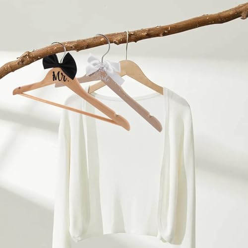 ABOOFAN Bride and Groom Hangers, 2 Pack Wooden Wedding Dress Hanger for Gown and Tuxedo, Mr and Mrs Set with Bow Tie, Non-Slip Shoulder Notches, Photography Prop and Keepsake
