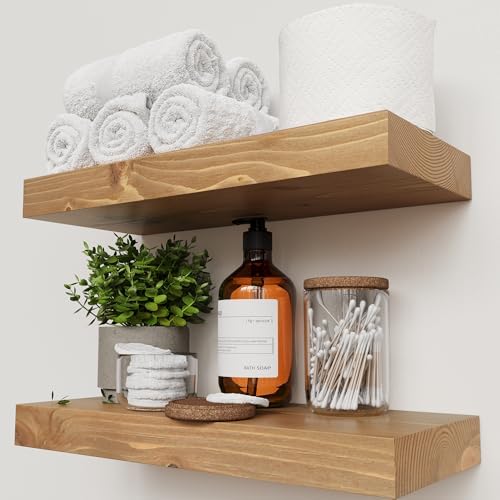 Natural Wood Floating Shelves for Wall 16 Inch Oak, Wooden Bathroom Shelf