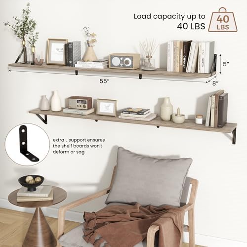 Axeman 55 Inch Floating Shelves, 8 Inch Deep Grey Wall Shelves Set of 2