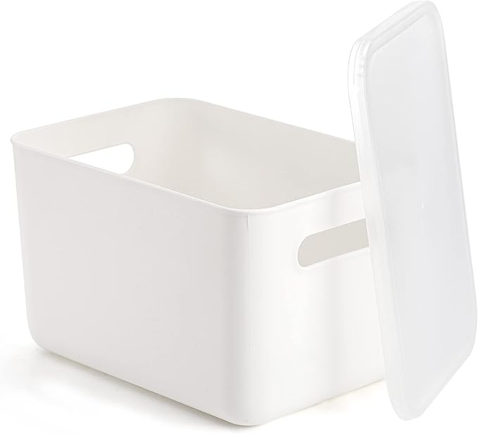Lawei 4 Pack Plastic Storage Bins with Lid, White Stackable Storage Basket Organizer Box, Sturdy Containers Organizing Lidded Bins for Shelves, Cabinet, Desk, Pantry, Bedroom, Book, Toys