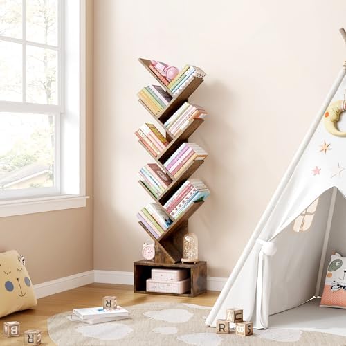 Hoctieon 9 Tier Tree Bookshelf, Tall Bookcase with Drawer, Wood Book Shelf, Modern Floor Standing Bookshelves, Book Orga