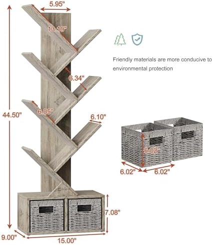 Vagusicc 6 Tier Tree Bookshelf with 2 Storage Cabinets, Tall Display Shelf Organizer for Books, Magazines, Home Decor, N