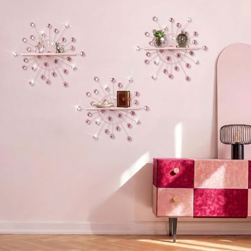 Yaocom 3 Pcs Bling Crystal Floating Shelves Metal Starbursts Wall Decor Folding Shelf Pink Corner Shelves Hanging Wall M