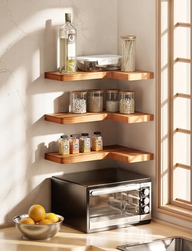 BATODA Acacia Wood Corner Floating Shelves 17" x 12"– Corner Shelf Wall Mounted - Floating Book Shelves for Wall - Brack