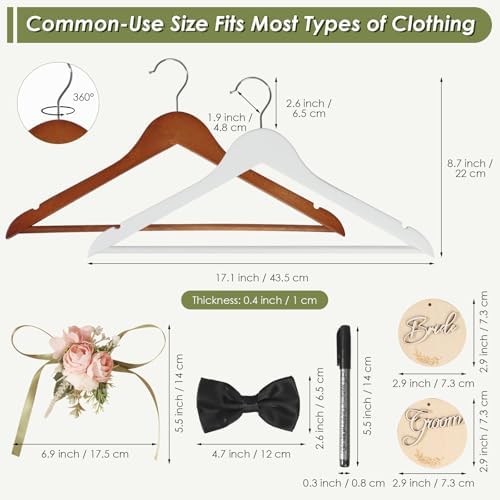 Bride & Groom Hanger with Personalized Name Tags, 2 Pack Dark Wood & White Wood Bridal Dress Hanger for Wedding Day Phot