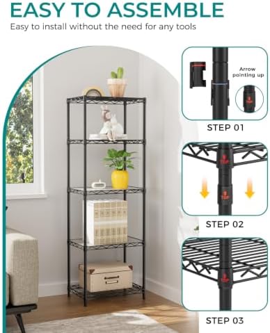 SINGAYE Bookshelf Shelves Bookcase Shelf 5 Tier Wire Shelving with Wheels
