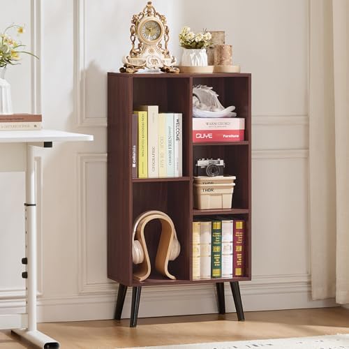 LEYAOYAO 5 Cube Bookshelf, Mid-Century Modern Book Shelf with Legs, Walnut