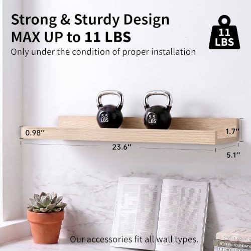 Oak Floating Shelves with Lip, 24 Inch Picture Ledge Shelf Set of 2