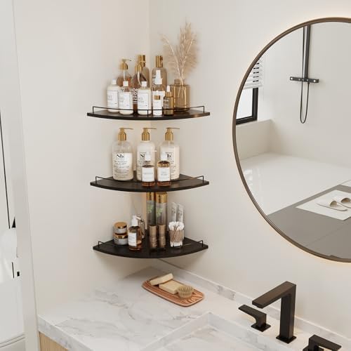 JJL Corner Shelf with Rails, 3-Tier Fan-Shaped Floating Corner Shelf Wall Mounted, 12 Inch Black Rustic Wood Heavy Duty 