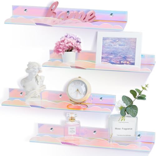 Iridescent Rainbow Acrylic Floating Shelves, Wall Mounted, 15in, 4 Pack