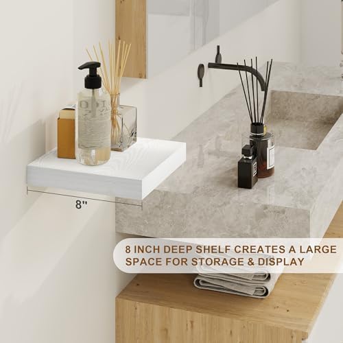 8 Inch Deep Floating Shelves White, Rustic Wood Floating Shelf for Home Decor, 8 x 8 Inch Square Wall Shelves, Wooden St