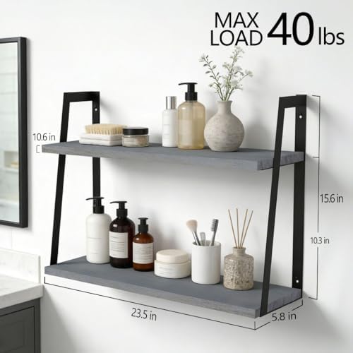 SRIWATANA Gray 2-Tier Floating Shelves, Wood Wall Storage Shelf Unit